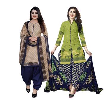Beige And Green Printed Cotton Unstitched Salwar With Dupatta 1