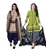 Beige And Green Printed Cotton Unstitched Salwar With Dupatta