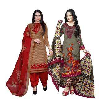 Light-Brown Printed Cotton Unstitched Salwar With Dupatta 1