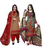 Light-Brown Printed Cotton Unstitched Salwar With Dupatta