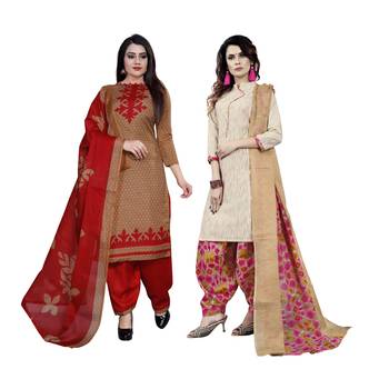 Beige And Light-Brown Printed Cotton Unstitched Salwar With Dupatta 1