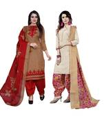 Beige And Light-Brown Printed Cotton Unstitched Salwar With Dupatta