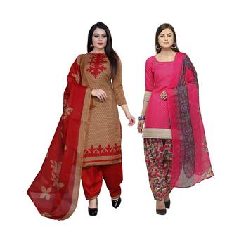 pink and light-brown printed cotton unstitched salwar with dupatta 1