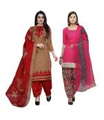 pink and light-brown printed cotton unstitched salwar with dupatta