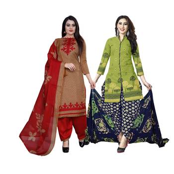 Green And Light-Brown Printed Cotton Unstitched Salwar With Dupatta 1