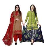 Green And Light-Brown Printed Cotton Unstitched Salwar With Dupatta