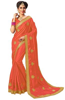 orange embroidered silk blend saree with blouse 1