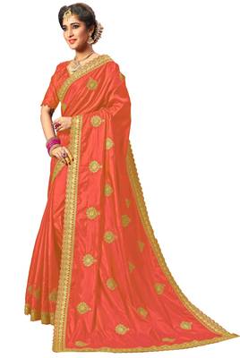 orange embroidered silk blend saree with blouse 2