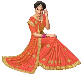 orange embroidered silk blend saree with blouse 3