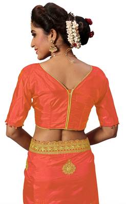 orange embroidered silk blend saree with blouse 4