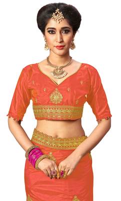 orange embroidered silk blend saree with blouse 5