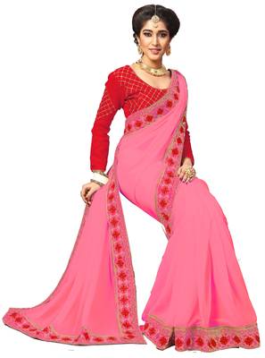 pink Embroidered georgette saree with blouse 4