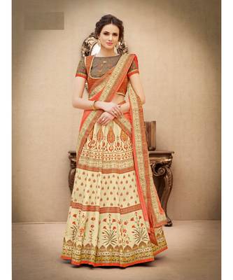 Pure Banarasi Natural Silk Beige Digital Printed Designer Lehenga With Blouse 1