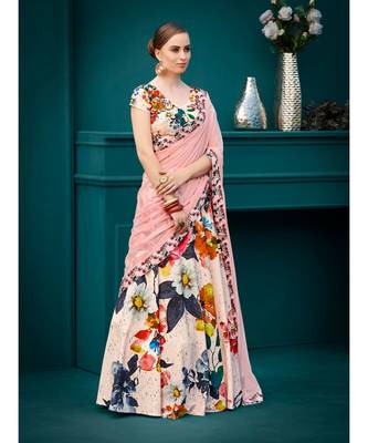 Pure Spandex Natural Silk Pink Digital Printed Designer Lehenga With Blouse 1