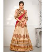 Pure Banarasi Natural Silk With Net Embroidery Heavy Work Peach Digital Printed Designer Lehenga With Blouse