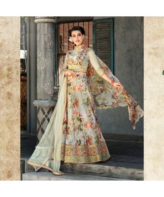 Organza Silk with Digital Print Heavy Embroidery Work green Designer Lehenga With Blouse 1