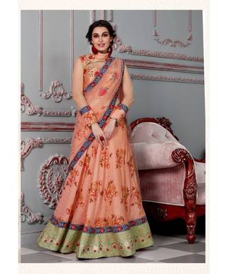 Pure Modal Silk with Digital Print Heavy Embroidery Work Peach Designer Lehenga With Blouse 1