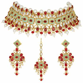  Kundan Pearl Meenakari Multi-Color Bridal Necklace Set With Earrings & Maang Tikka For Women 1