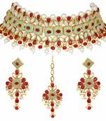  Kundan Pearl Meenakari Multi-Color Bridal Necklace Set With Earrings & Maang Tikka For Women