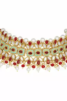  Kundan Pearl Meenakari Multi-Color Bridal Necklace Set With Earrings & Maang Tikka For Women