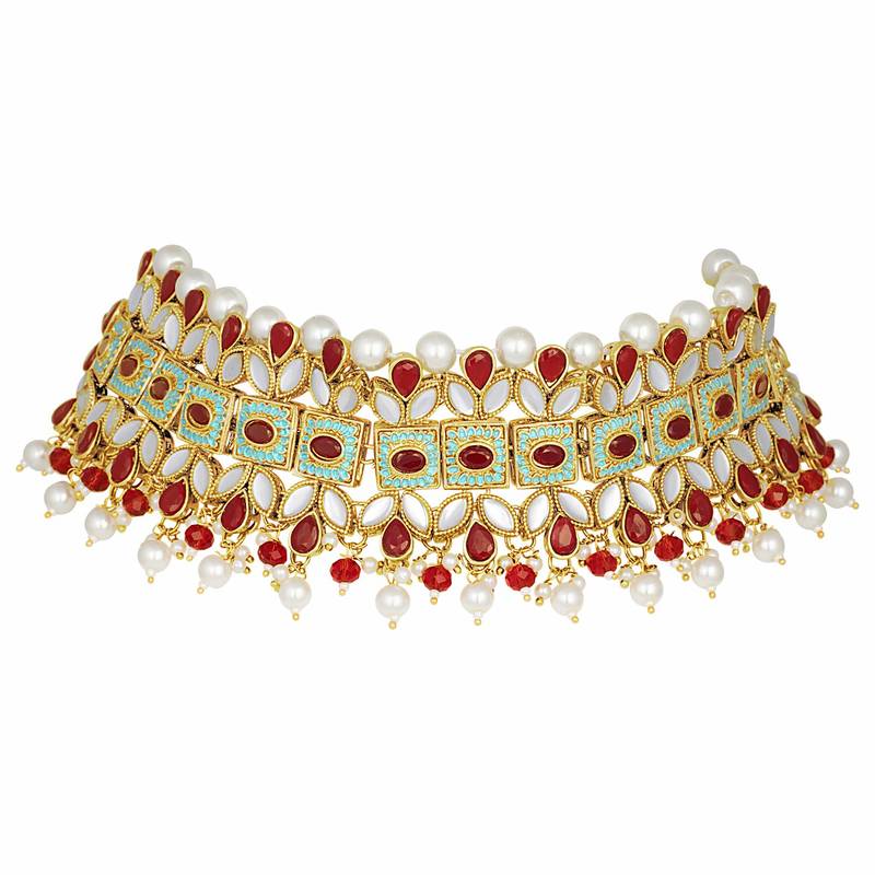  Kundan Pearl Meenakari Multi-Color Bridal Necklace Set With Earrings & Maang Tikka For Women