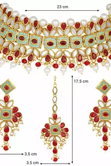 Kundan Pearl Meenakari Multi-Color Bridal Necklace Set With Earrings & Maang Tikka For Women