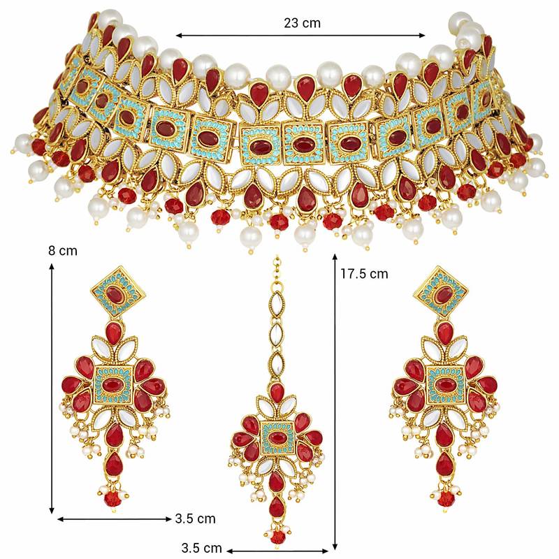  Kundan Pearl Meenakari Multi-Color Bridal Necklace Set With Earrings & Maang Tikka For Women