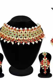  Kundan Pearl Meenakari Multi-Color Bridal Necklace Set With Earrings & Maang Tikka For Women