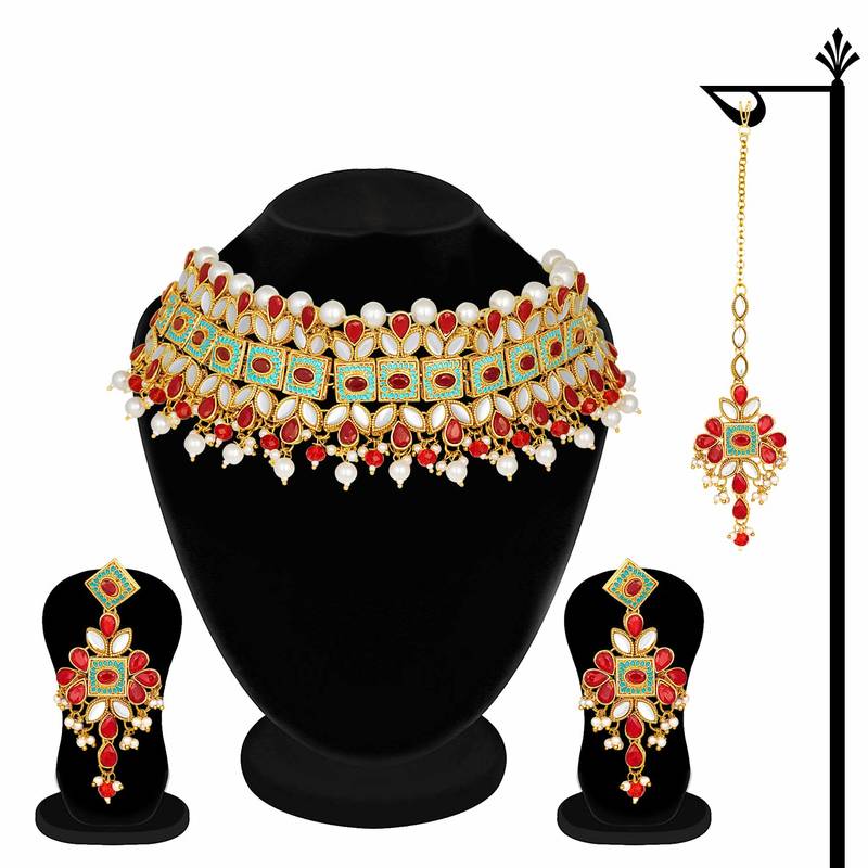 Kundan Pearl Meenakari Multi-Color Bridal Necklace Set With Earrings & Maang Tikka For Women