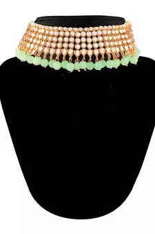 Traditional Kundan & Mint Pearl Choker Necklace Set For Women