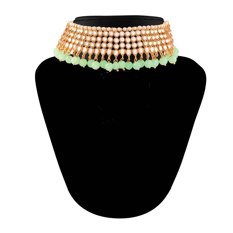 Traditional Kundan & Mint Pearl Choker Necklace Set For Women