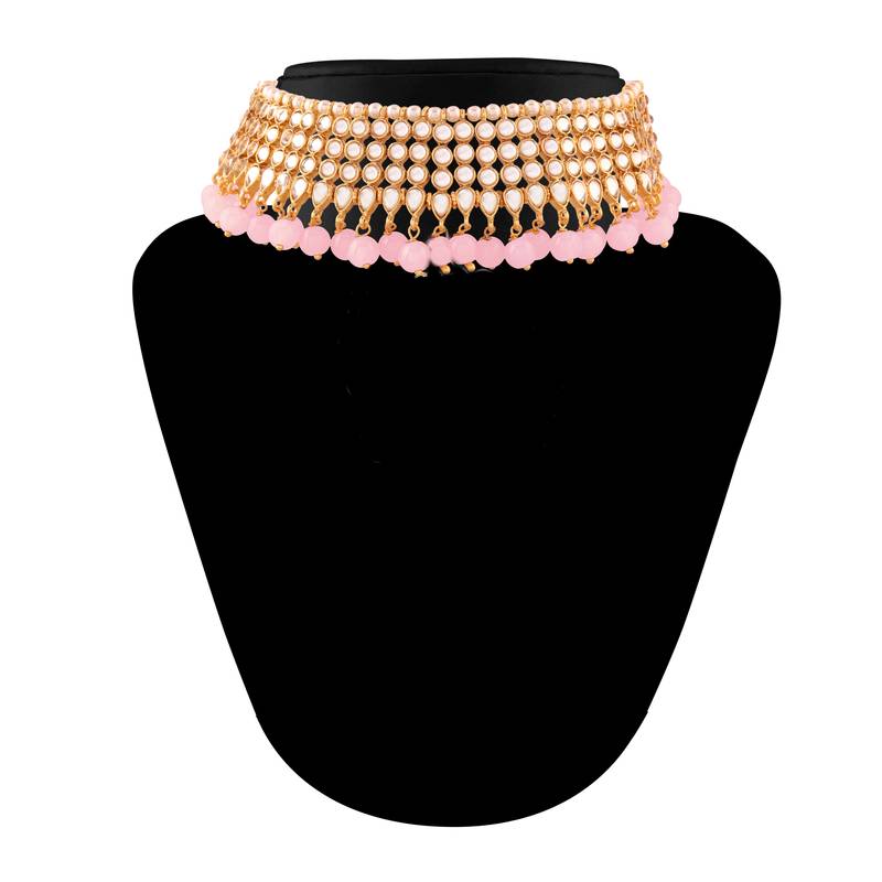 Traditional Kundan & Pink Pearl Choker Necklace Set For Women