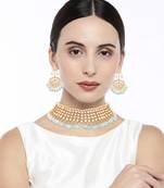 Traditional Kundan & Sky Blue Pearl Choker Necklace Set For Women