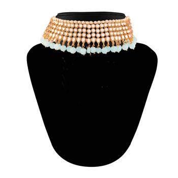 Traditional Kundan & Sky Blue Pearl Choker Necklace Set For Women 3
