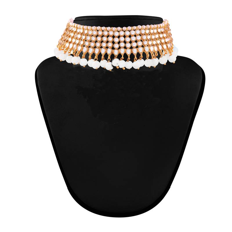 Traditional Kundan & White Pearl Choker Necklace Set For Women