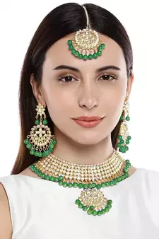 Traditional Kundan & Pearl Green Choker Necklace Set For Women
