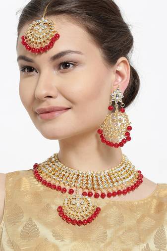 Traditional Kundan & Pearl Red Choker Necklace Set For Women