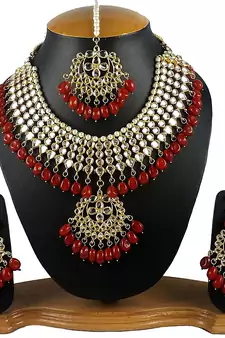 Traditional Kundan & Pearl Red Choker Necklace Set For Women