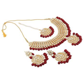 Traditional Kundan & Pearl Red Choker Necklace Set For Women 4