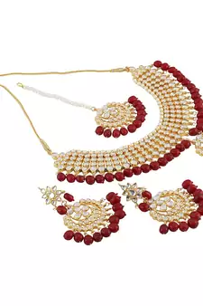 Traditional Kundan & Pearl Red Choker Necklace Set For Women