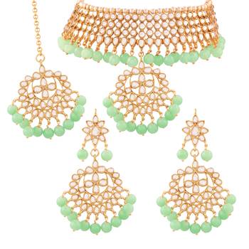 Traditional Kundan & Pearl Mint Choker Necklace Set For Women 1