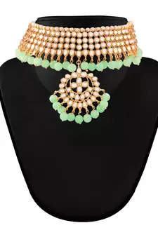 Traditional Kundan & Pearl Mint Choker Necklace Set For Women