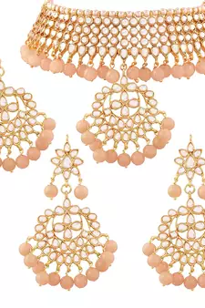 Traditional Kundan & Pearl Peach Choker Necklace Set For Women