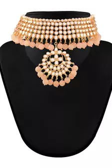Traditional Kundan & Pearl Peach Choker Necklace Set For Women