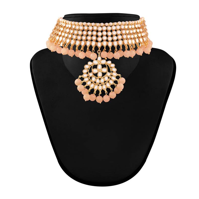 Traditional Kundan & Pearl Peach Choker Necklace Set For Women