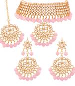 Traditional Kundan & Pearl Pink Choker Necklace Set For Women