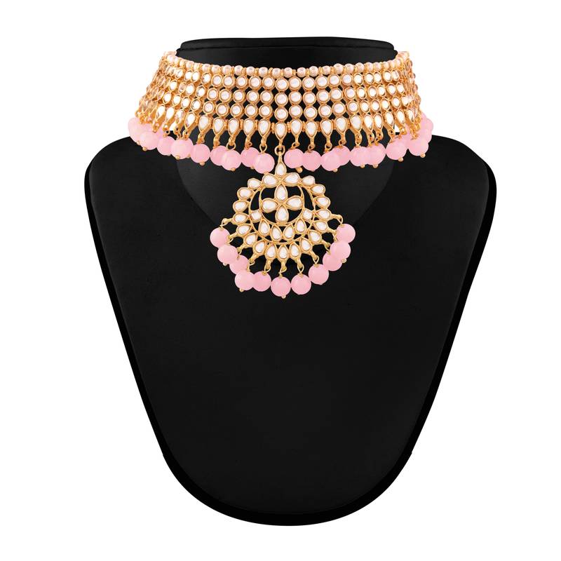 Traditional Kundan & Pearl Pink Choker Necklace Set For Women