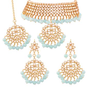 Traditional Kundan & Pearl Turquoise Choker Necklace Set For Women 1