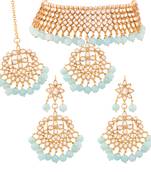 Traditional Kundan & Pearl Turquoise Choker Necklace Set For Women