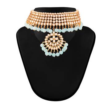 Traditional Kundan & Pearl Turquoise Choker Necklace Set For Women 3